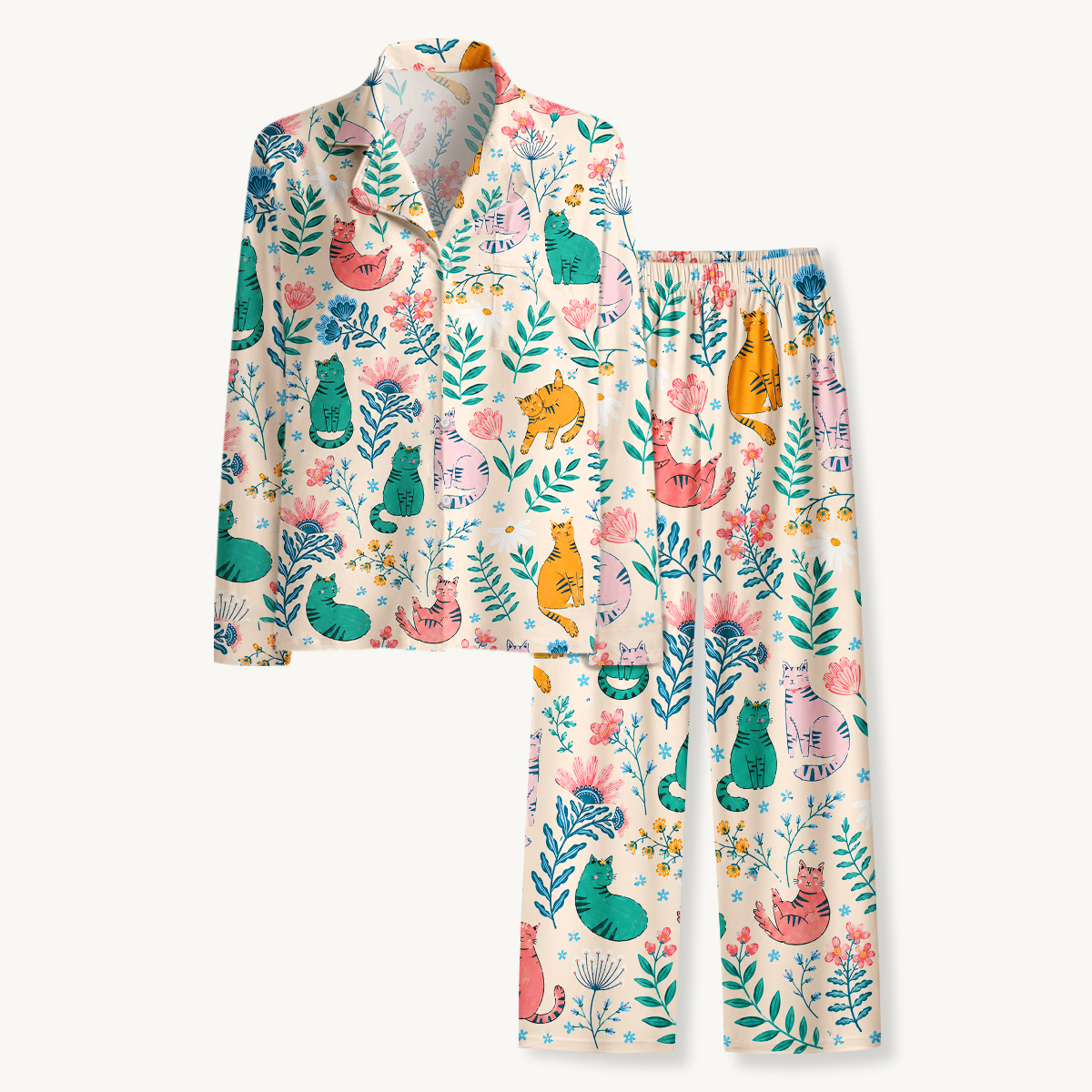 Whimsical Garden Cat & Wildflower Long Sleeves Pajama Sets