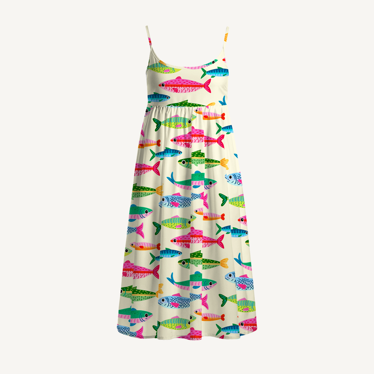 Bright Sardine Print Spaghetti Strap Mini Dress
