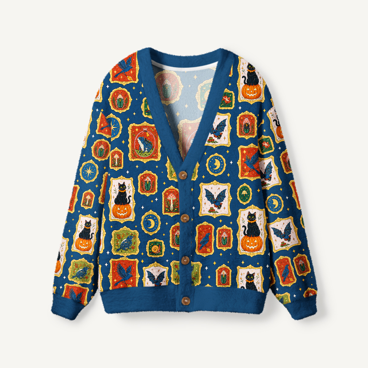 Whimsical Halloween Black Cat Bat & Moon Cardigan Sweaters