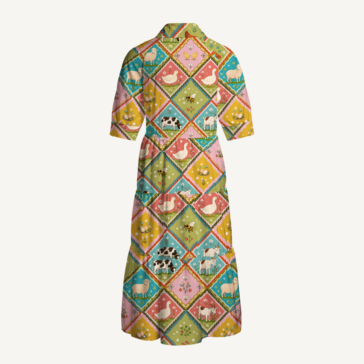 Cozy Countryside Farm Animal Patchwork Elbow-Length Sleeve Midi Dress