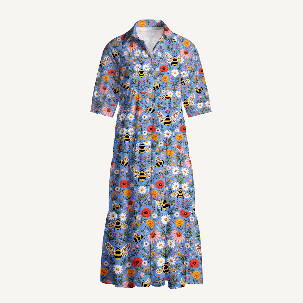 Whimsical Garden Bumblebee & Wildflower Elbow-Length Sleeve Midi Dress