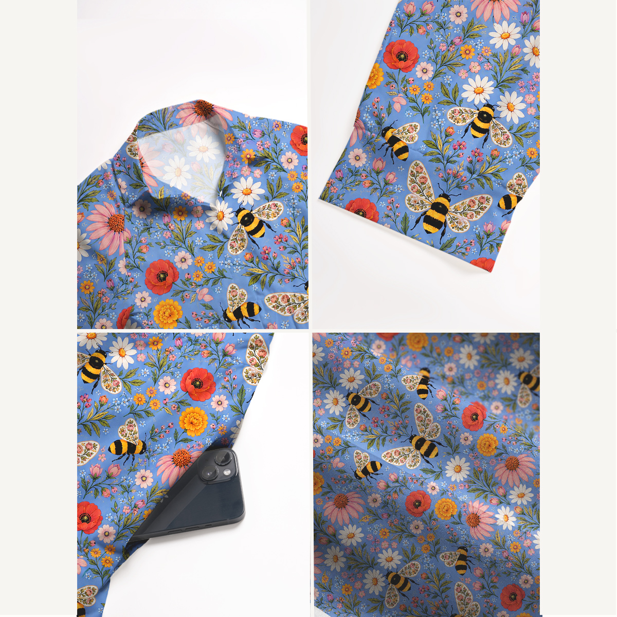 Whimsical Garden Bumblebee & Wildflower Elbow-Length Sleeve Midi Dress