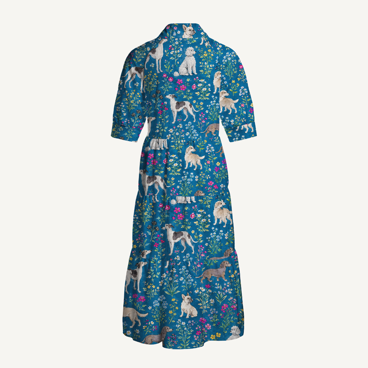 Dogs & Wildflowers Elbow-Length Sleeve Midi Dress