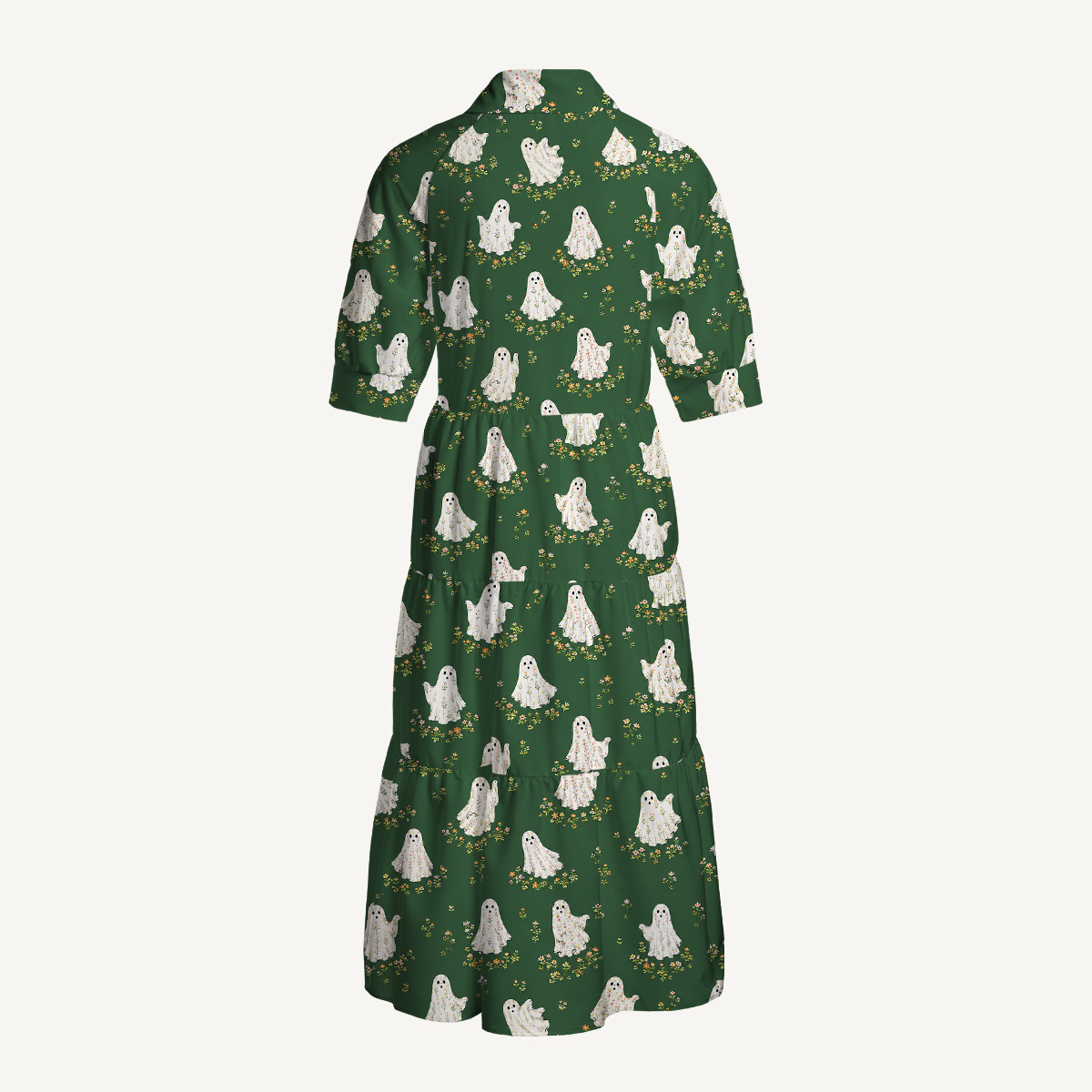 Floral Ghost Garden Halloween Elbow-Length Sleeve Midi Dress