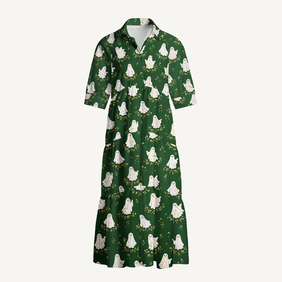 Floral Ghost Garden Halloween Elbow-Length Sleeve Midi Dress