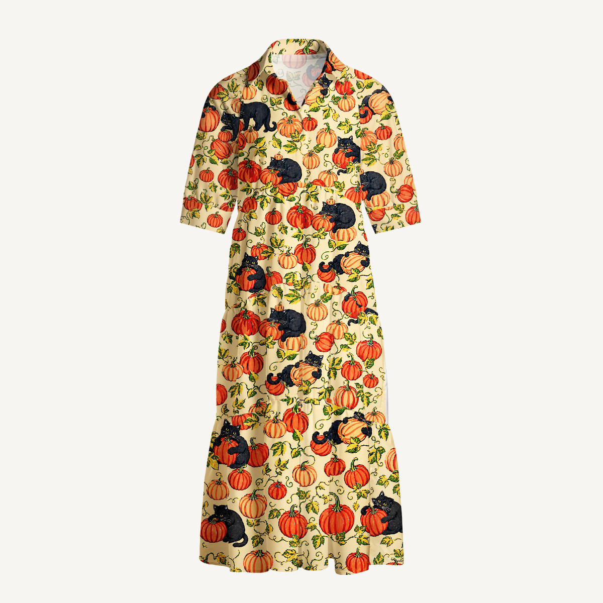 Black Cat & Pumpkin Patch Elbow-Length Sleeve Midi Dress