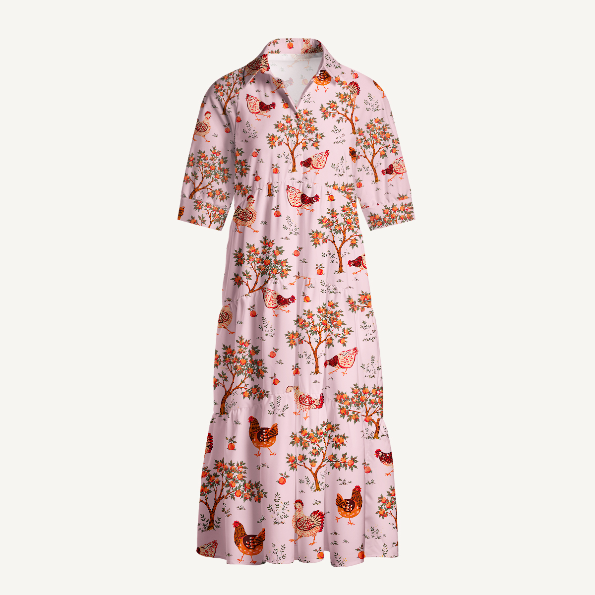Country Chicken & Orchard Elbow-Length Sleeve Midi Dress