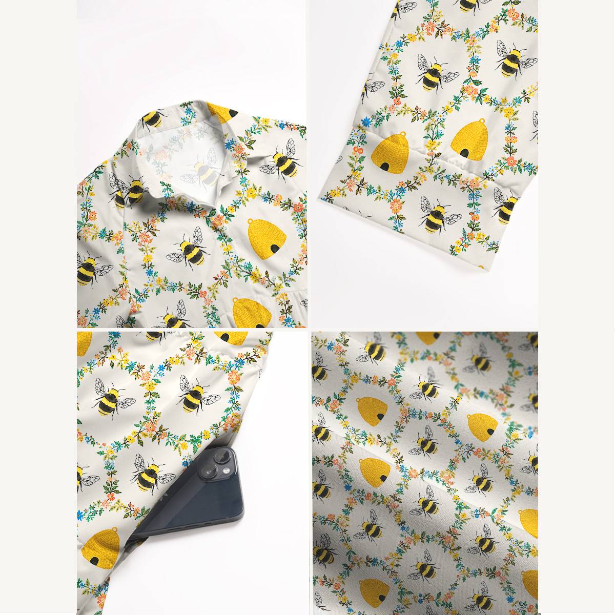 Bumblebee & Beehive Floral Garden Elbow-Length Sleeve Midi Dress