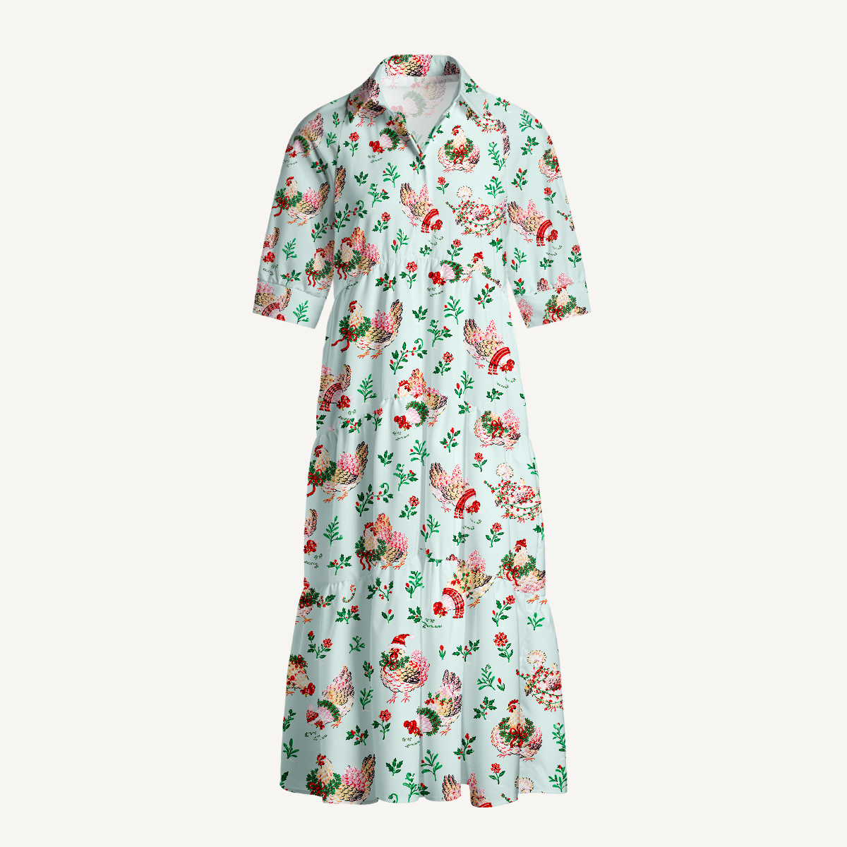 Christmas Chicken & Holly Elbow-Length Sleeve Midi Dress