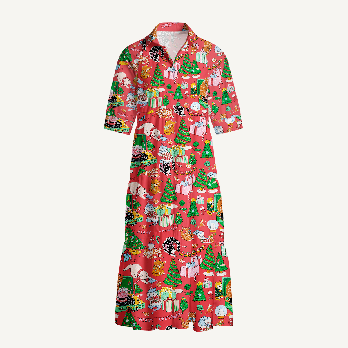 Festive Cats & Christmas Trees Elbow-Length Sleeve Midi Dress