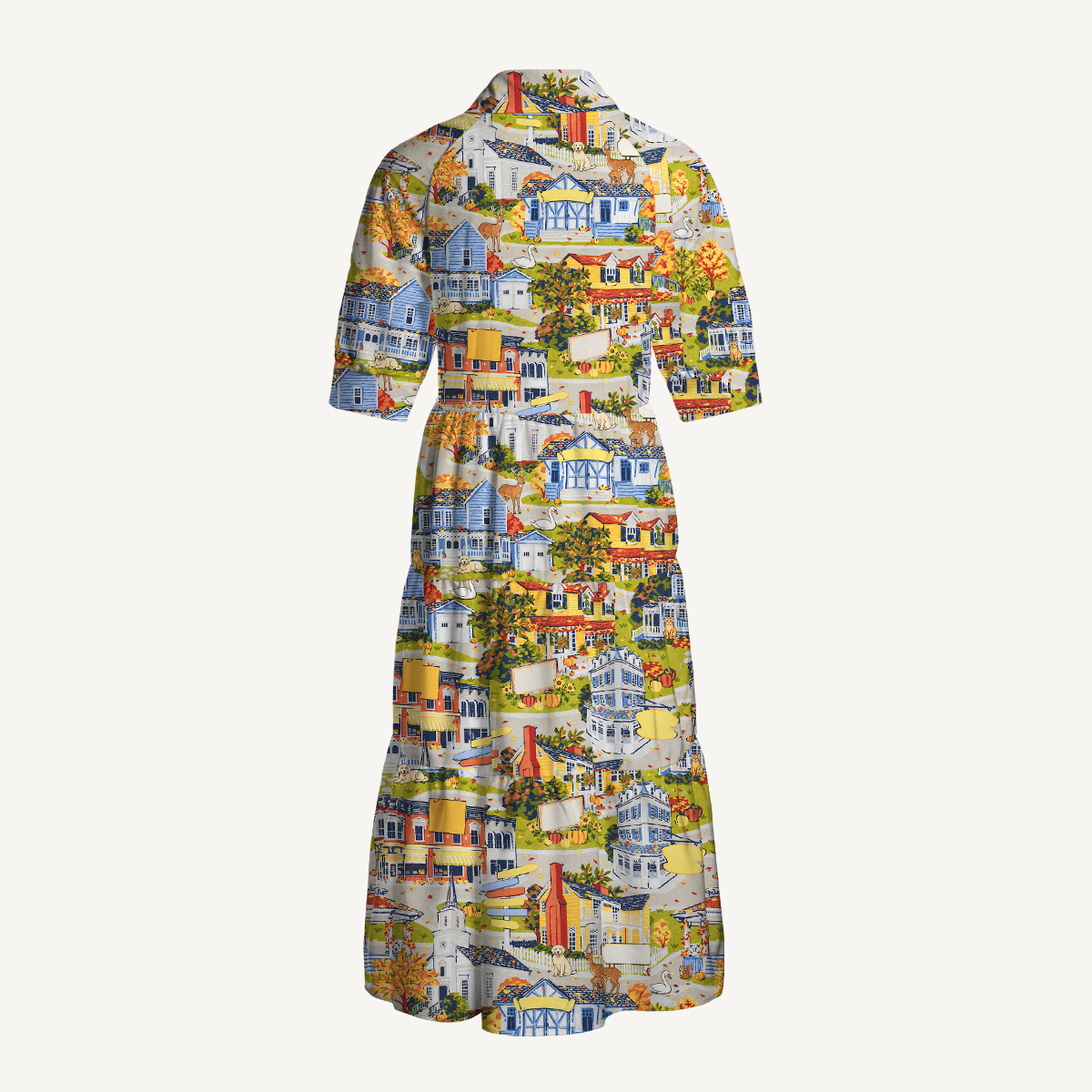 Autumn Village & Woodland Animals Elbow-Length Sleeve Midi Dress