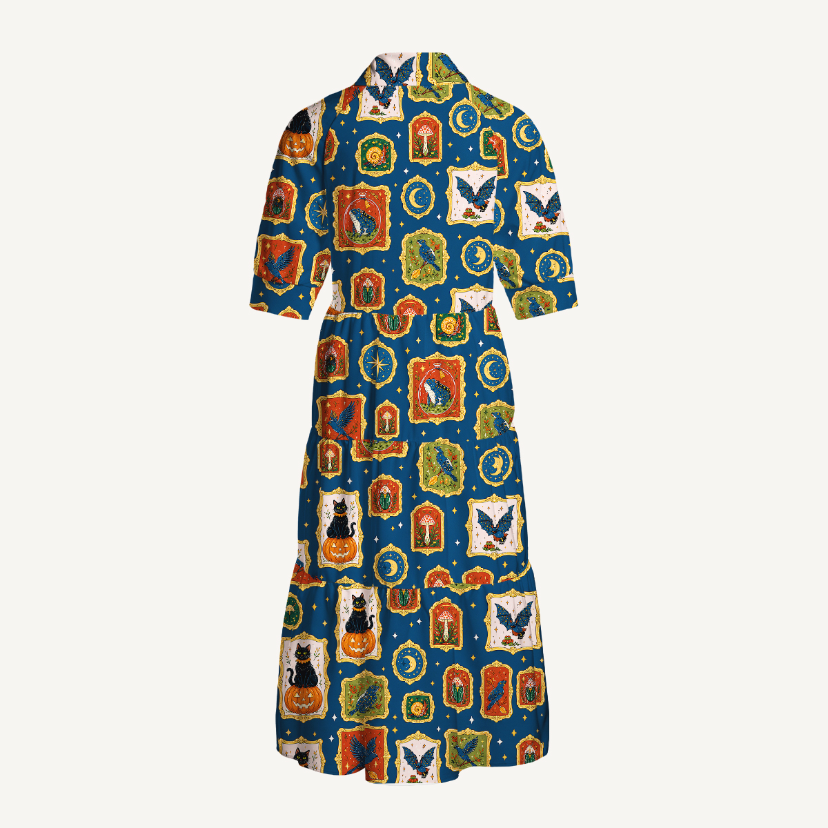 Whimsical Halloween Black Cat Bat & Moon Elbow-Length Sleeve Midi Dress