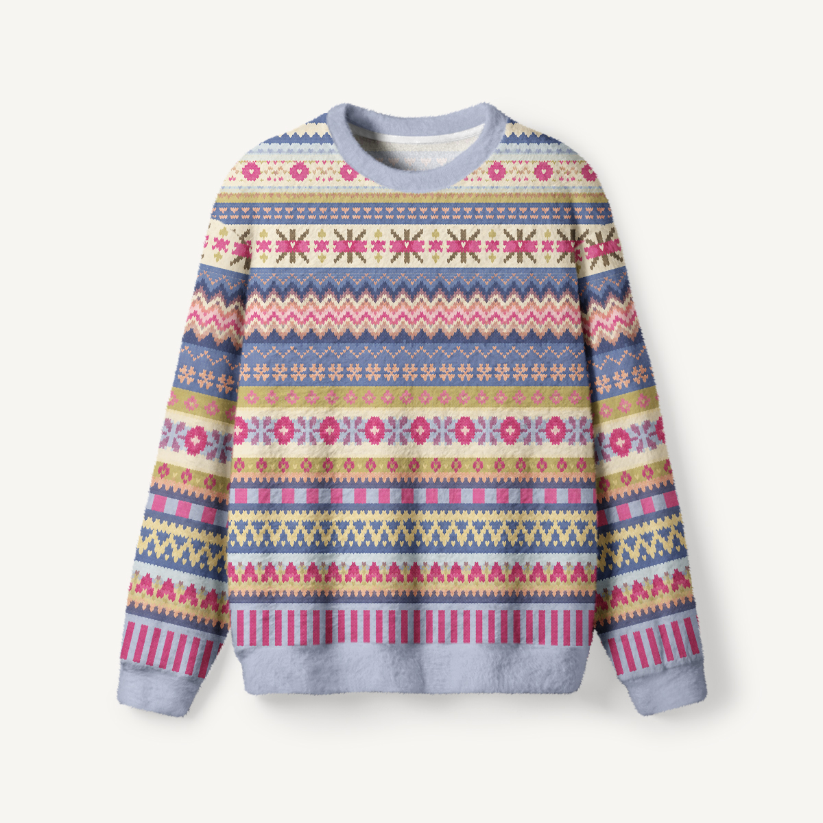 Soft Nordic Floral Geometric Stripe Crewneck Sweater