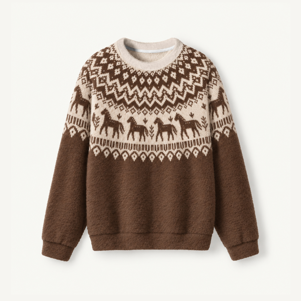 Rustic Equestrian Horse Fair Isle Crewneck Sweater