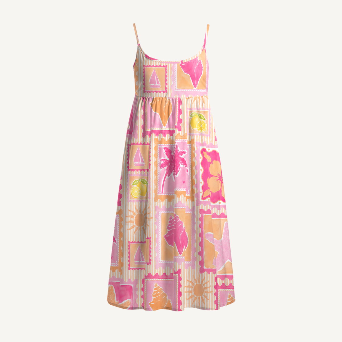 Coral Beach Postcard Print Spaghetti Strap Mini Dress