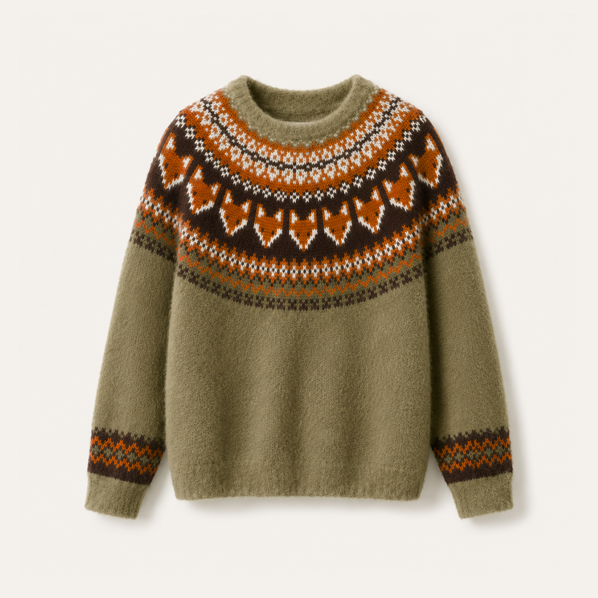 Autumn Fox Yoke Nordic-Inspired Crewneck Sweater