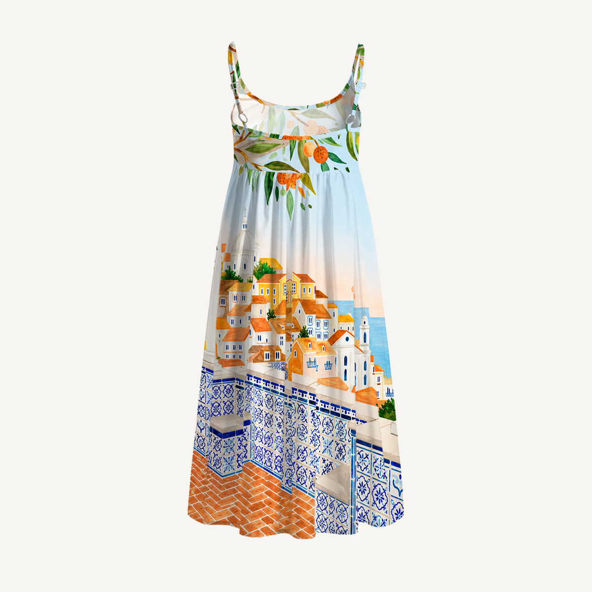Lisbon Cityscape Print Spaghetti Strap Mini Dress