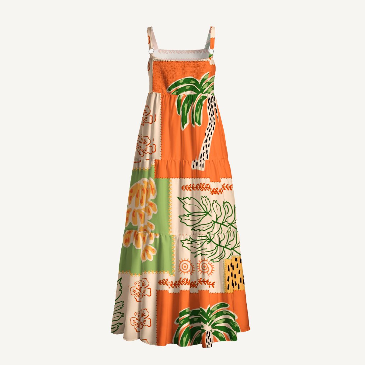 Boho Palm & Hibiscus Print Wide Straps Maxi Dress With Pockets