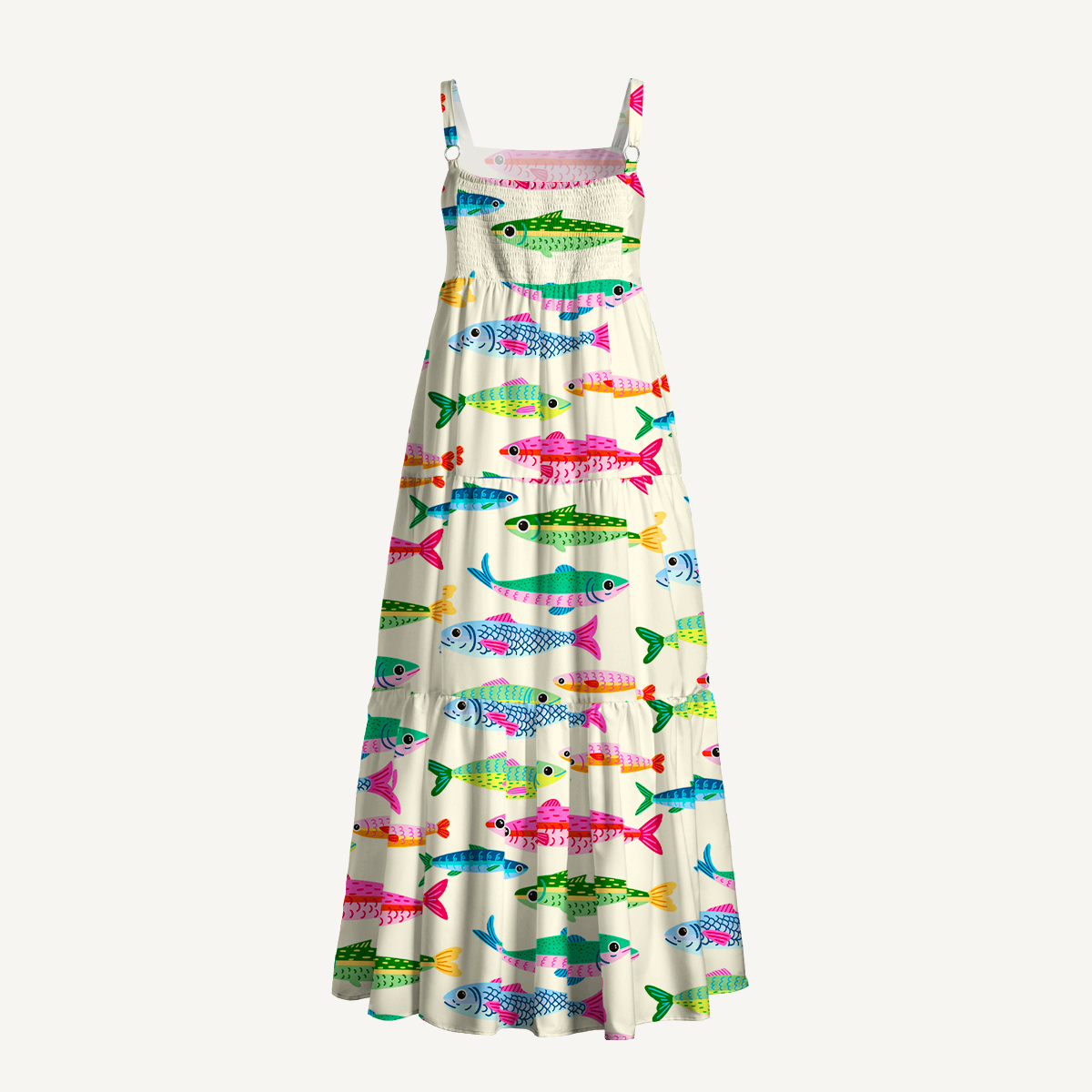 Bright Sardine Print Wide Straps Maxi Dress With Pockets