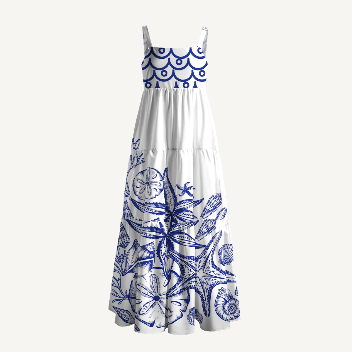 Coastal Nautical Starfish Wide Straps Maxi Dress With Pockets
