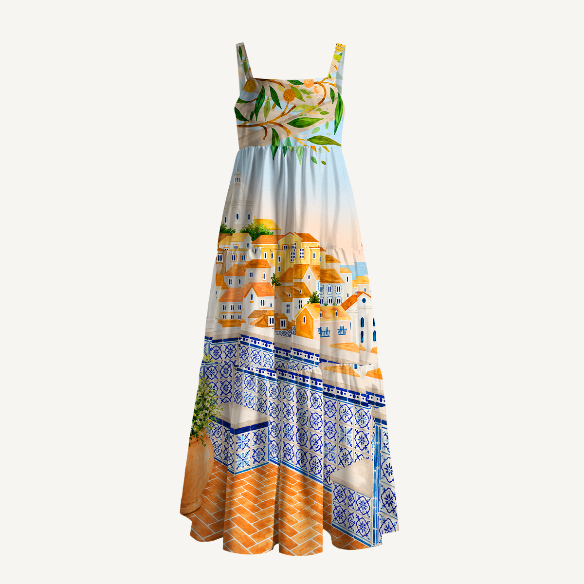 Lisbon Cityscape Wide Straps Maxi Dress With Pockets