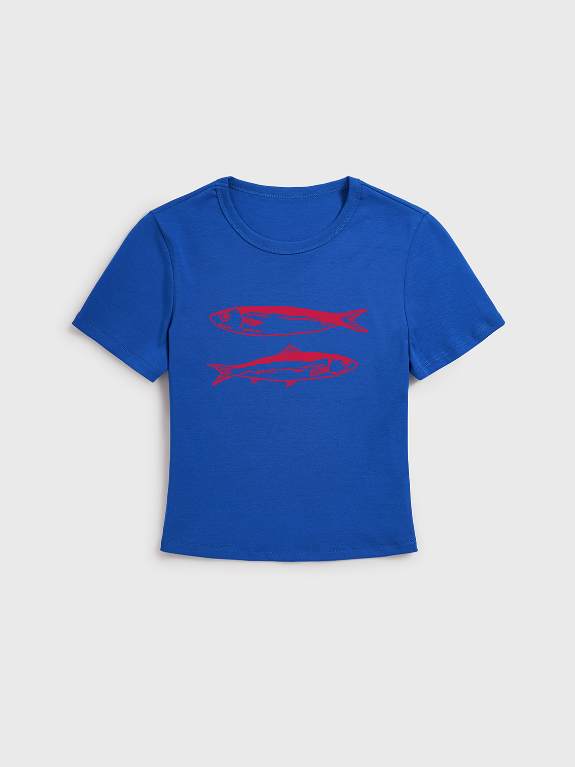 Striped Fish Print Crew Neck Cotton Tee