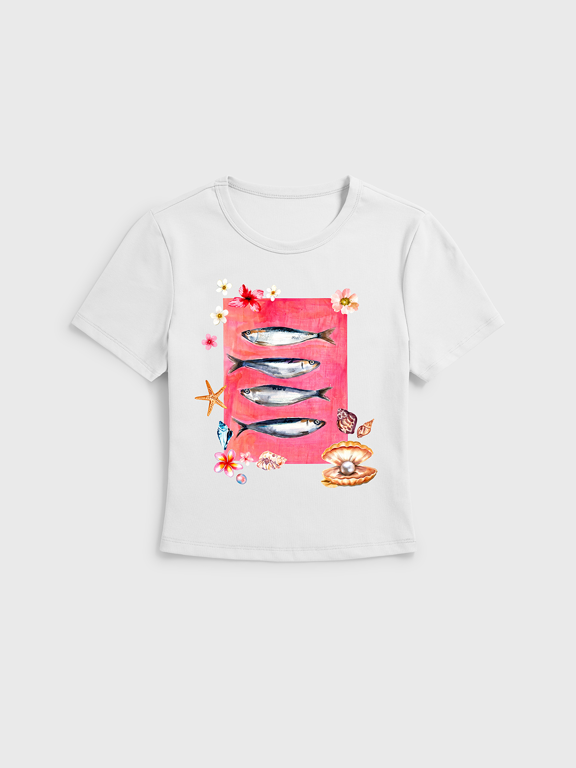 Pink Ocean Life Print Crew Neck Cotton Tee