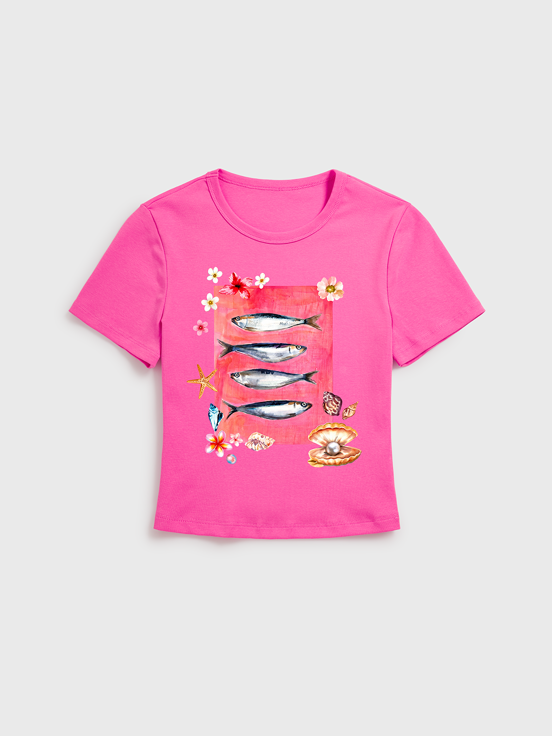 Pink Ocean Life Print Crew Neck Cotton Tee