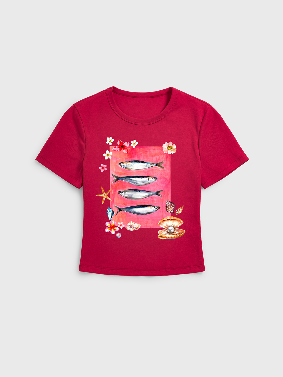 Pink Ocean Life Print Crew Neck Cotton Tee