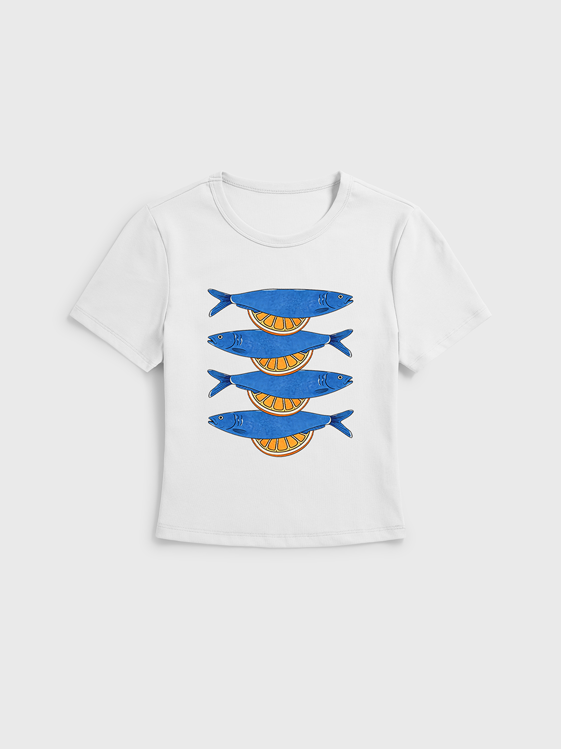 Blue Check Lemon Print Crew Neck Cotton Tee