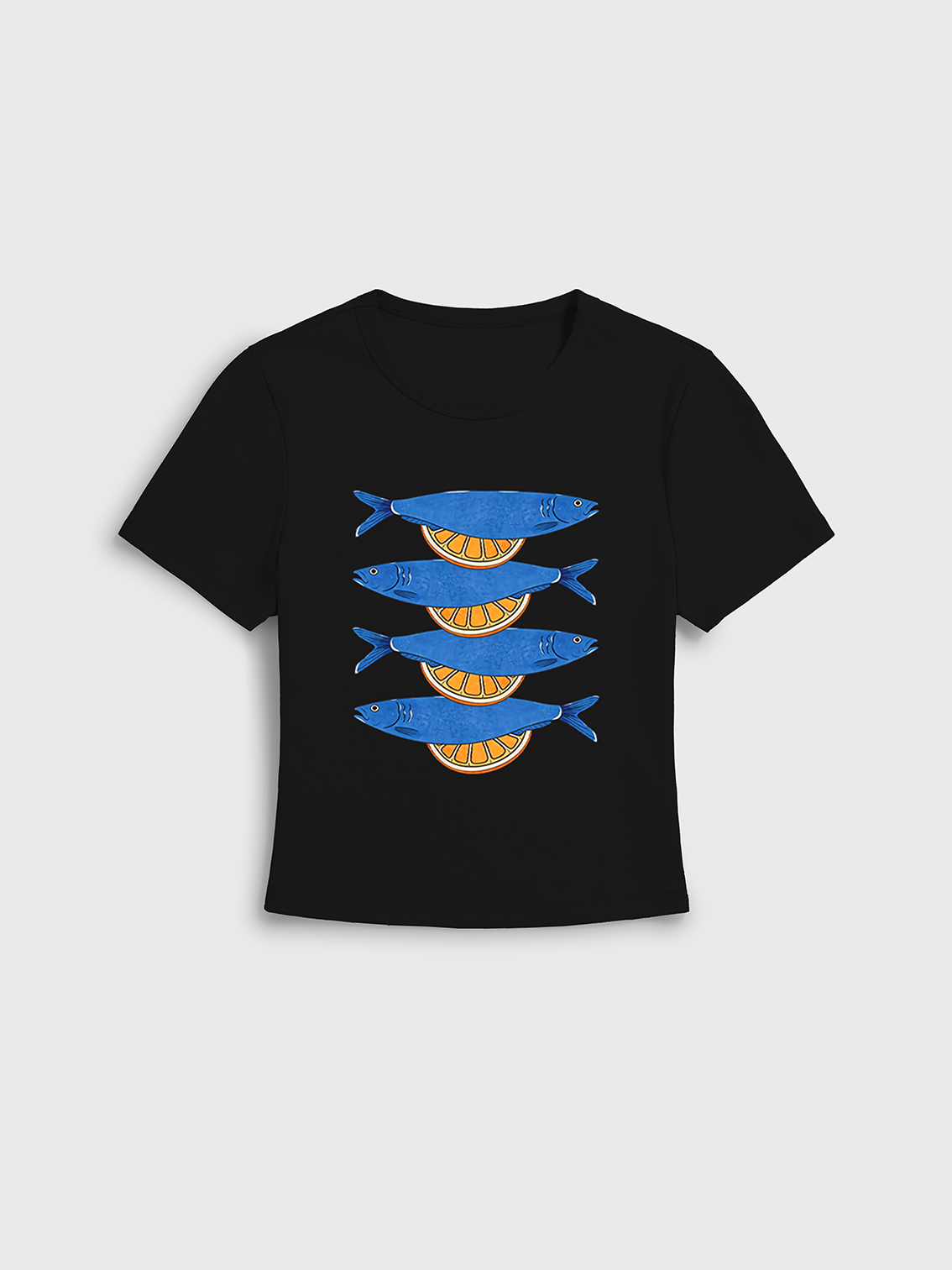 Blue Check Lemon Print Crew Neck Cotton Tee