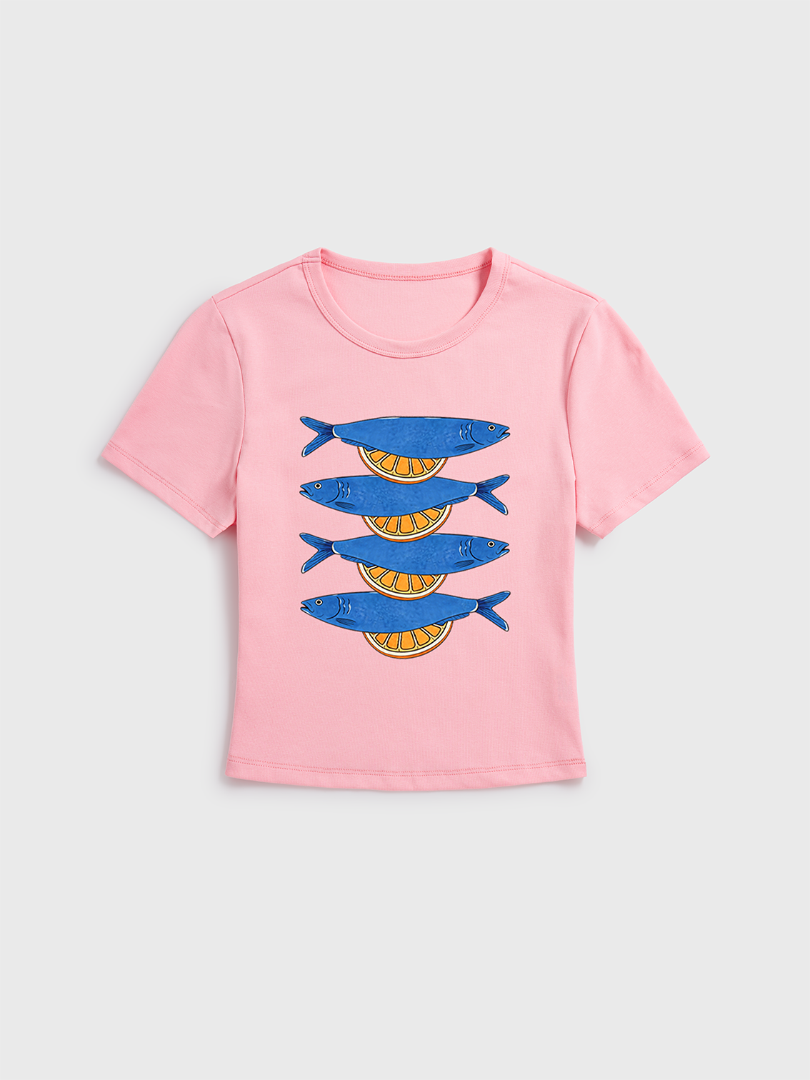 Blue Check Lemon Print Crew Neck Cotton Tee