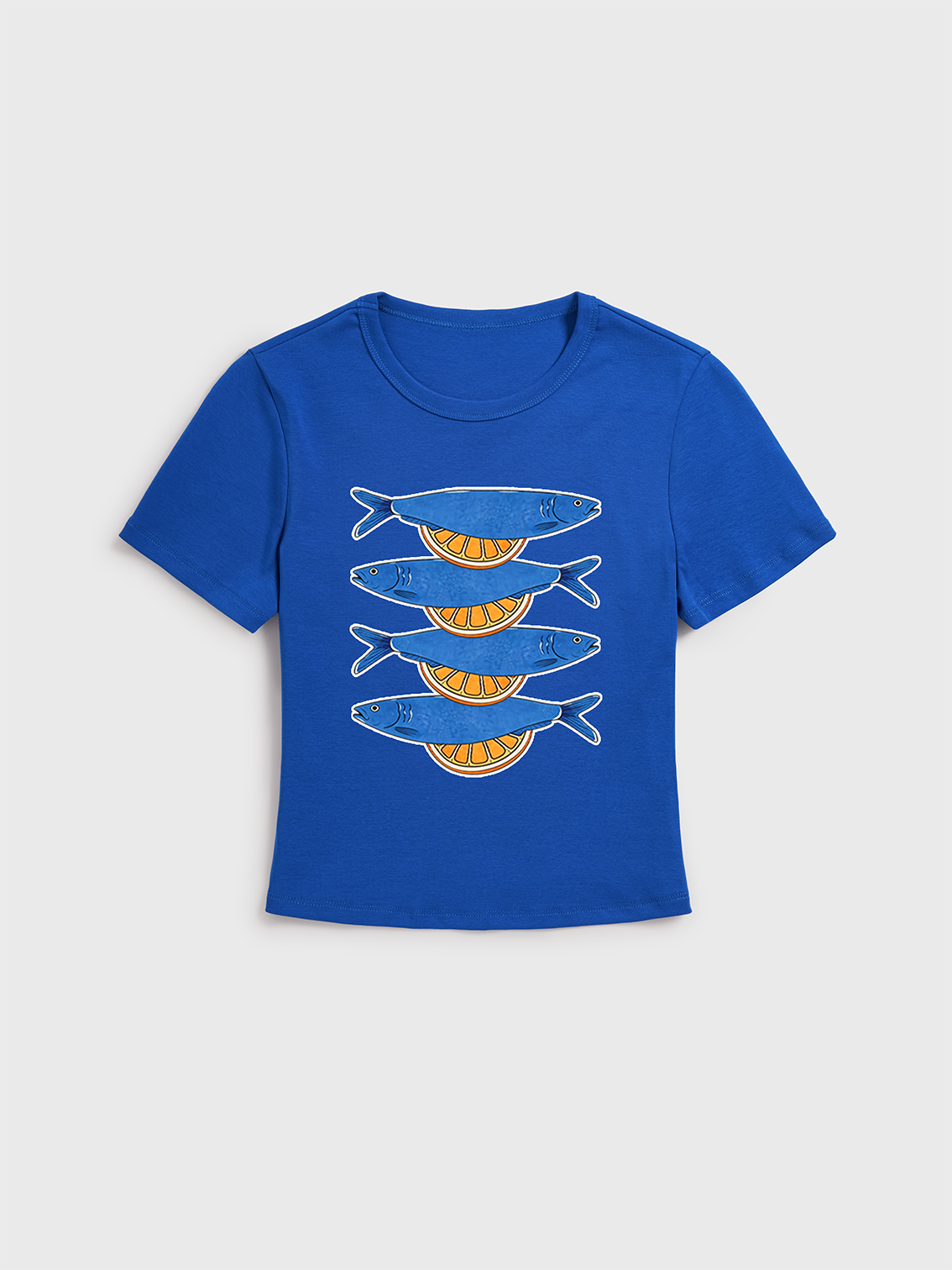 Blue Check Lemon Print Crew Neck Cotton Tee