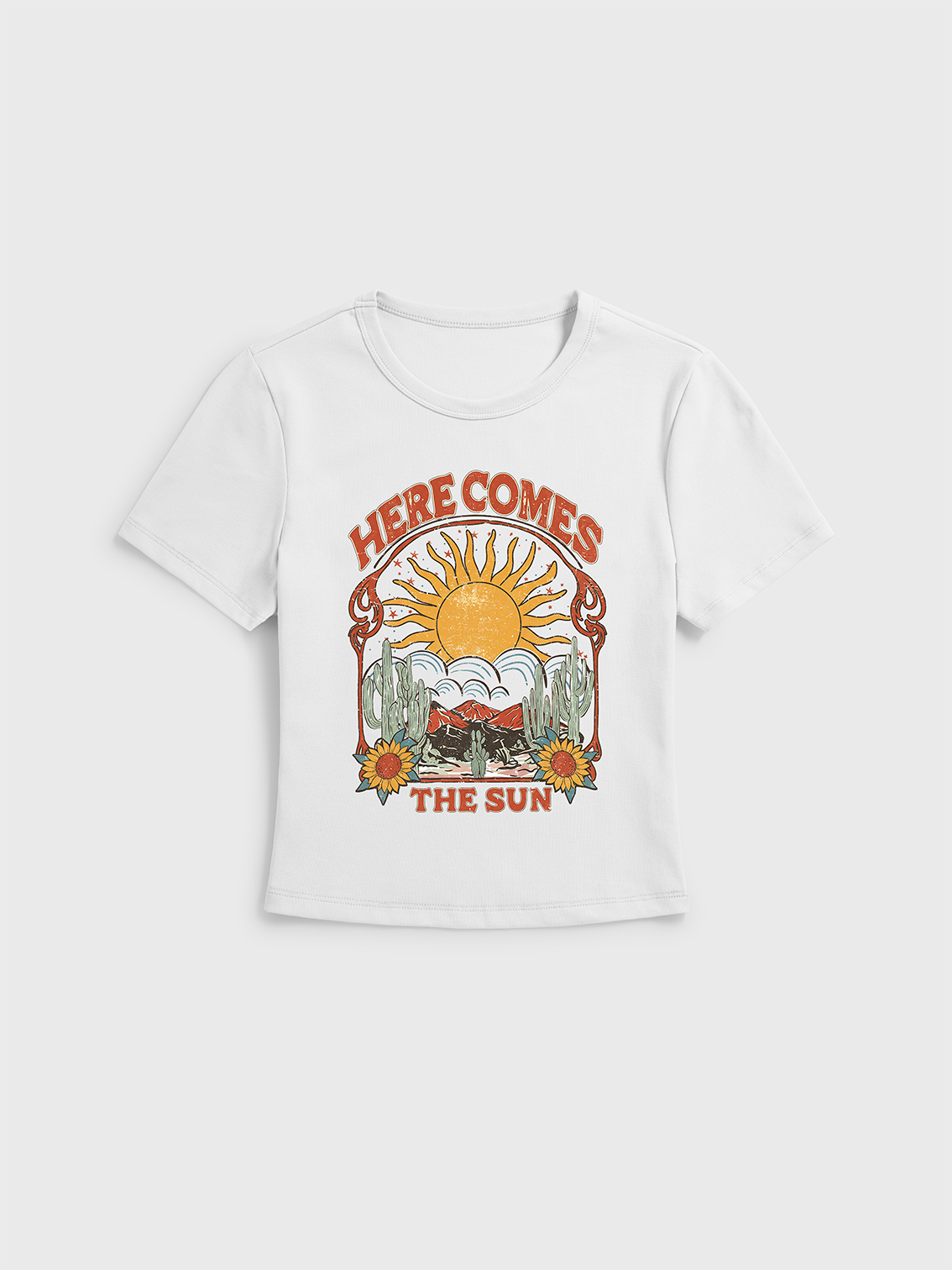 Western Sun & Cact Print Crew Neck Cotton Tee