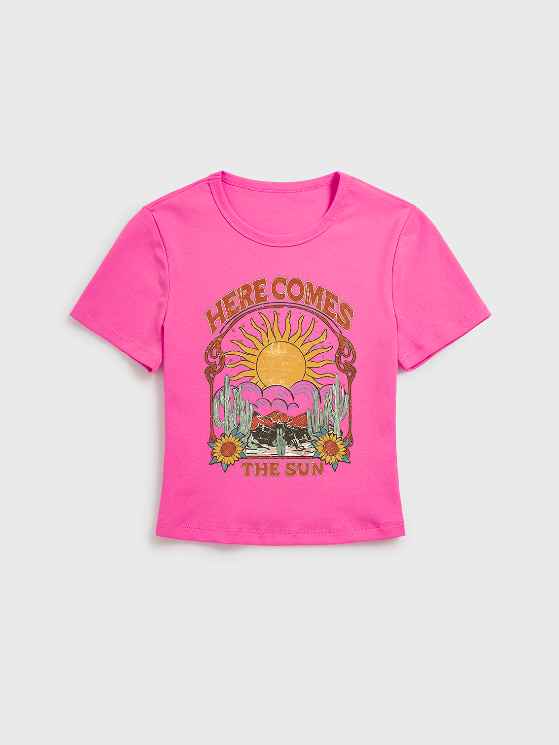 Western Sun & Cact Print Crew Neck Cotton Tee
