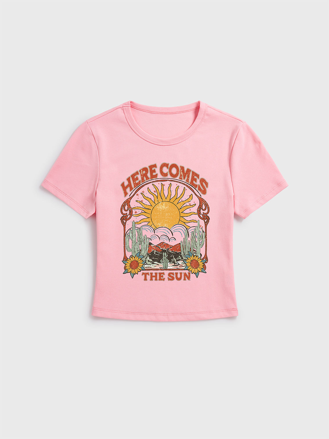 Western Sun & Cact Print Crew Neck Cotton Tee