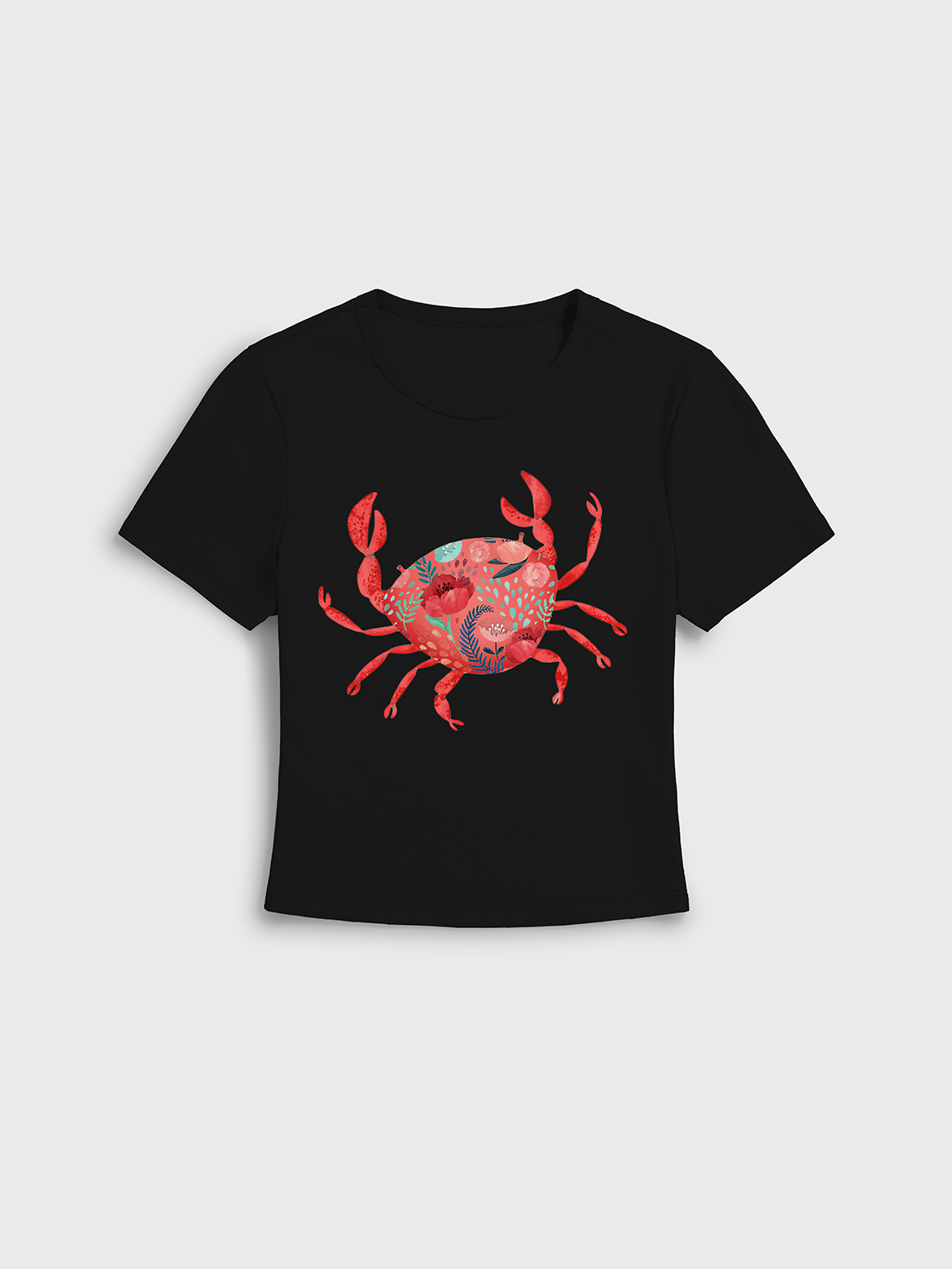 Floral Crab Print Crew Neck Cotton Tee