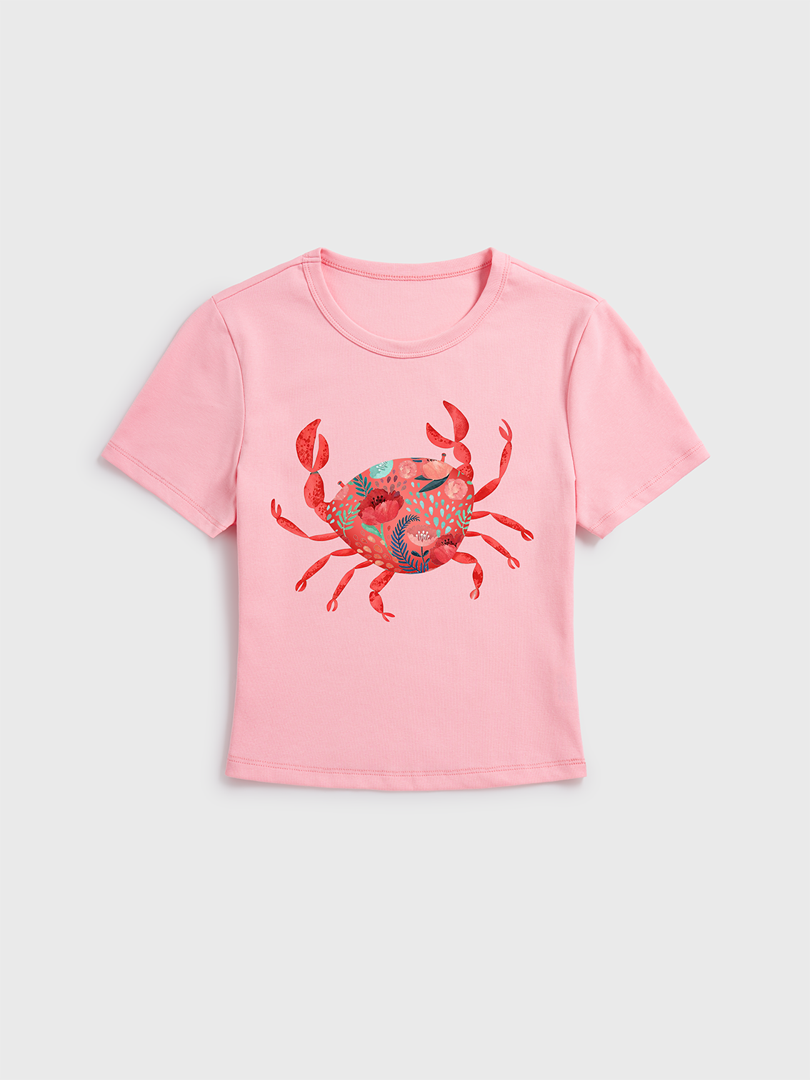 Floral Crab Print Crew Neck Cotton Tee