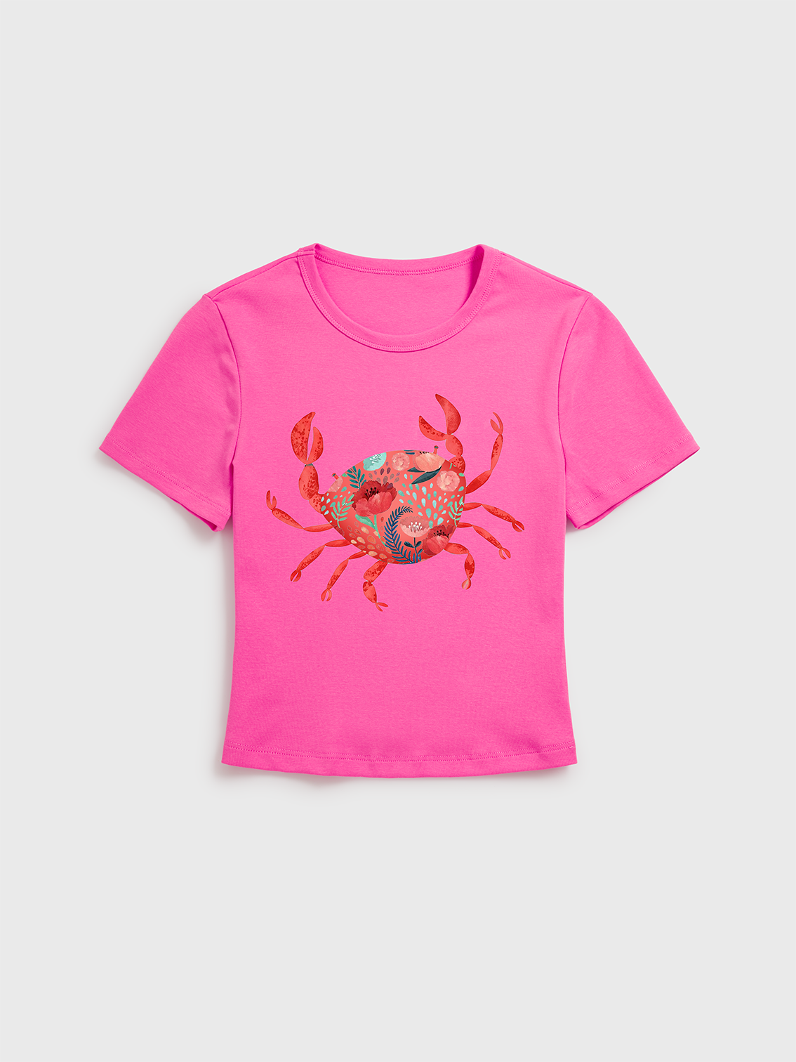 Floral Crab Print Crew Neck Cotton Tee