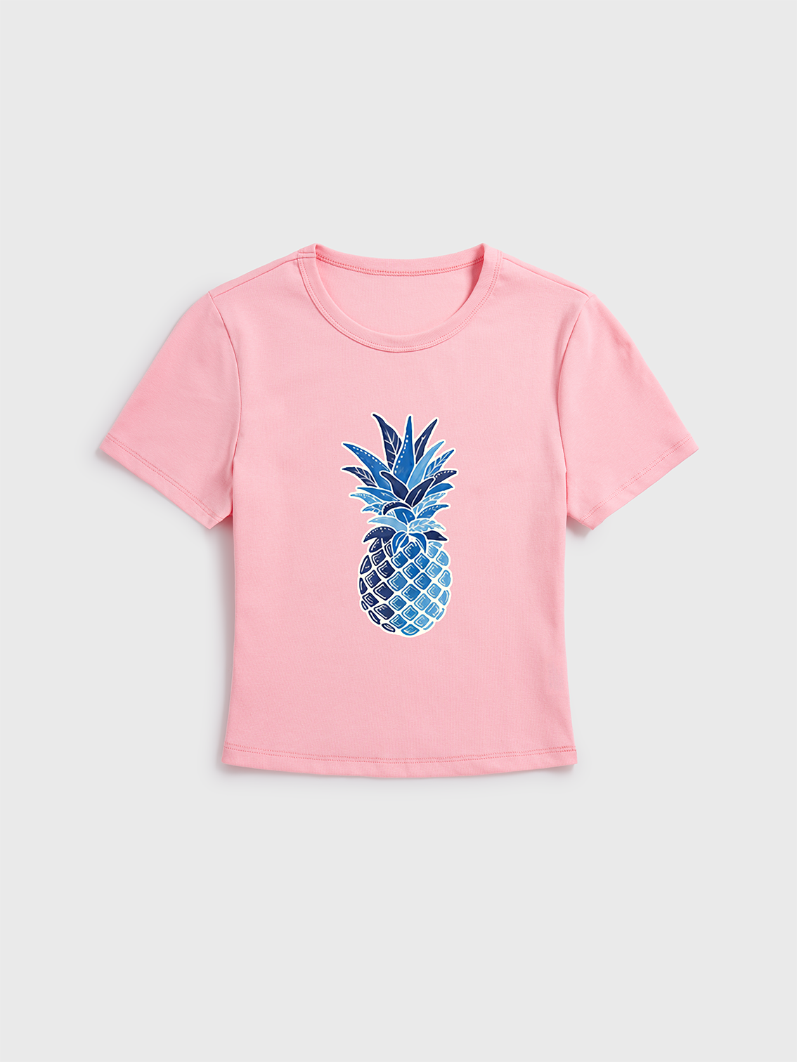Blue Tropical Tile Print Crew Neck Cotton Tee
