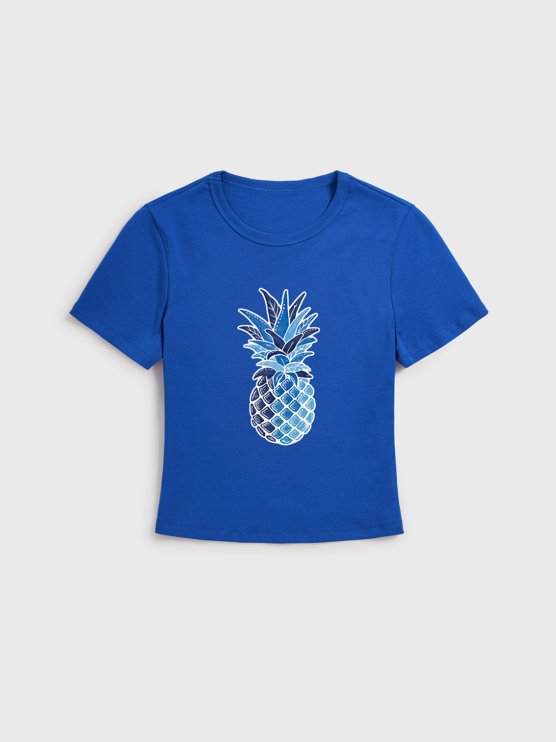 Blue Tropical Tile Print Crew Neck Cotton Tee