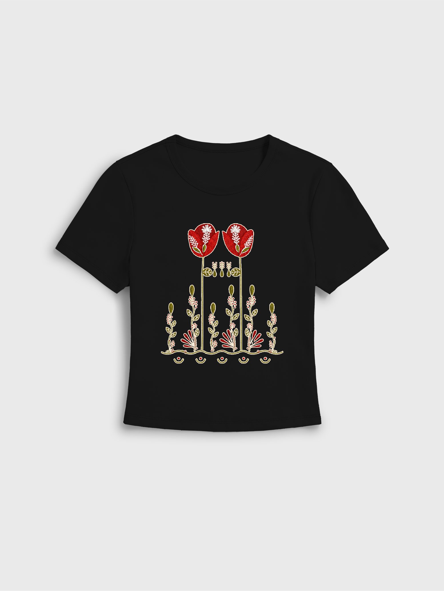 Red Tulip Print Crew Neck Cotton Tee
