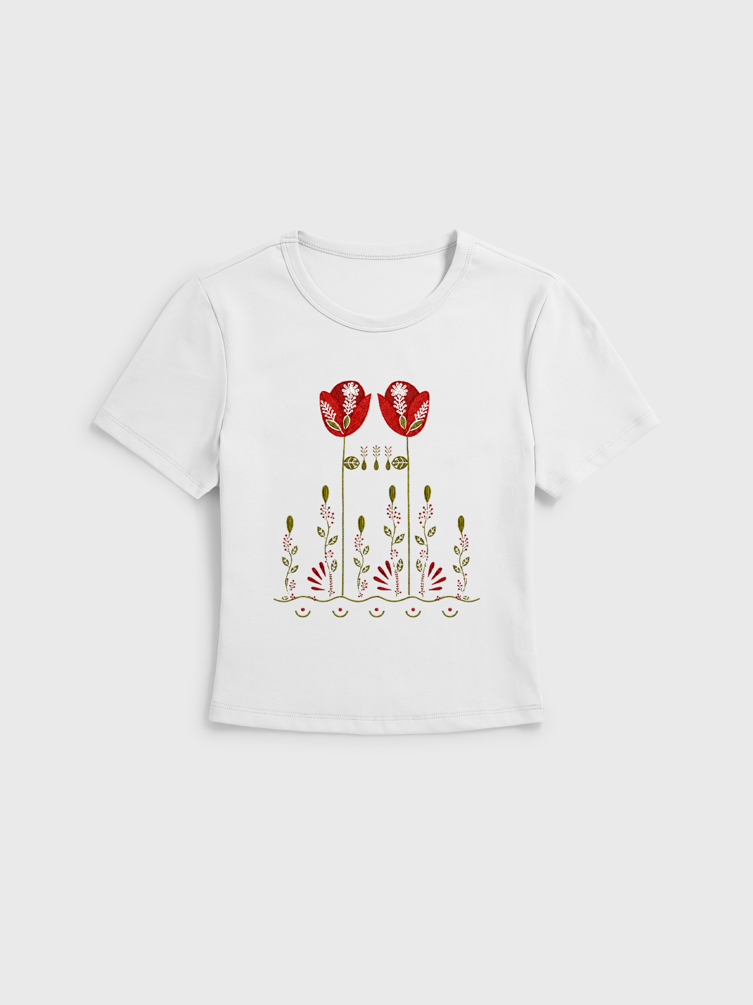 Red Tulip Print Crew Neck Cotton Tee