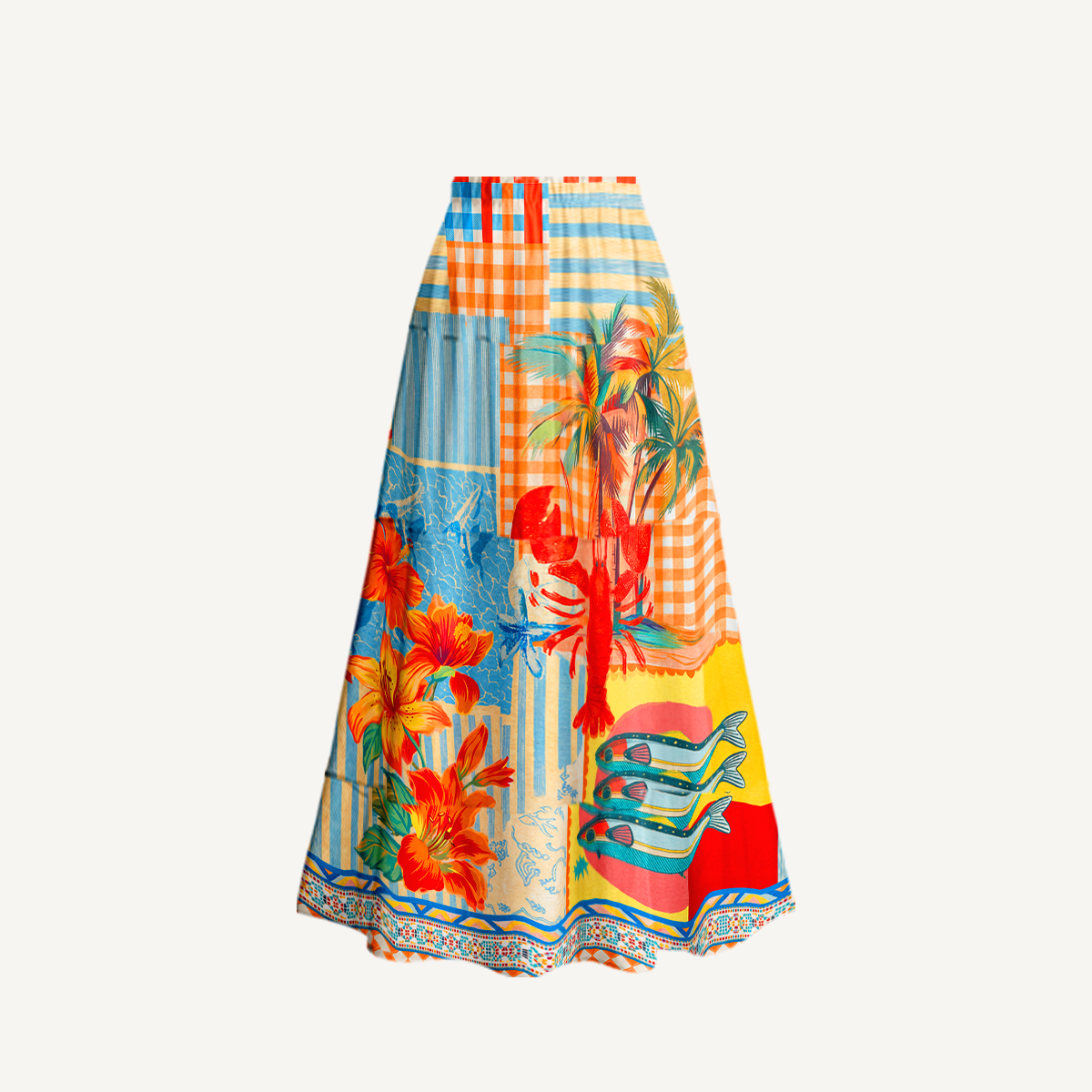 Tropical Lobster Patchwork Ruffled V Neck One Piece Swimsuit and Matching Midi Skirt Set