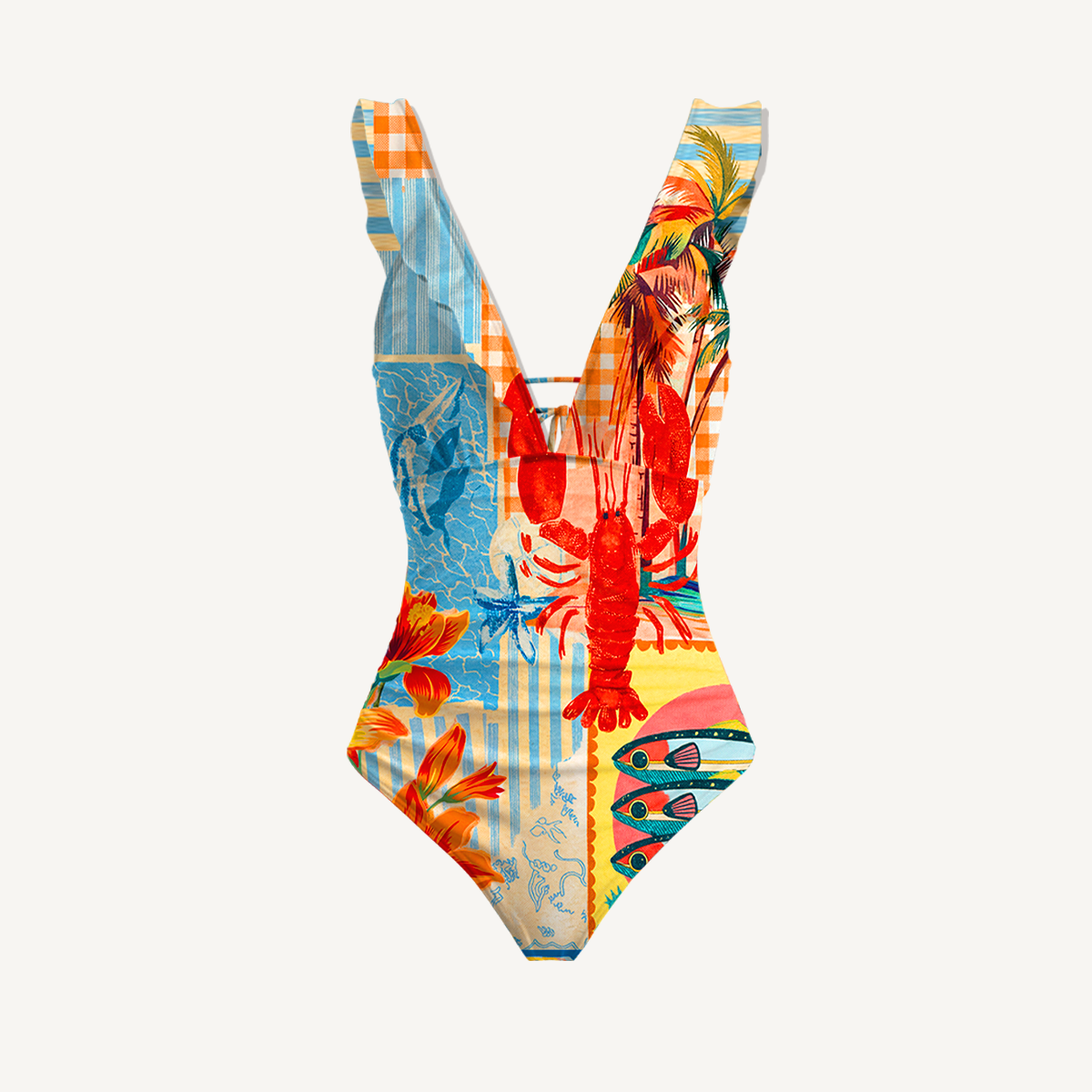 Tropical Lobster Patchwork Ruffled V Neck One Piece Swimsuit and Matching Midi Skirt Set