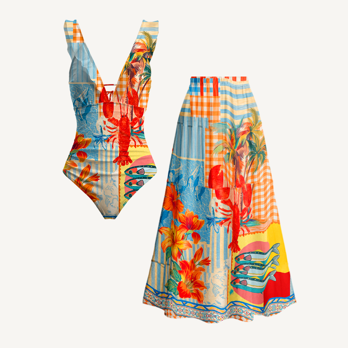 Tropical Lobster Patchwork Ruffled V Neck One Piece Swimsuit and Matching Midi Skirt Set