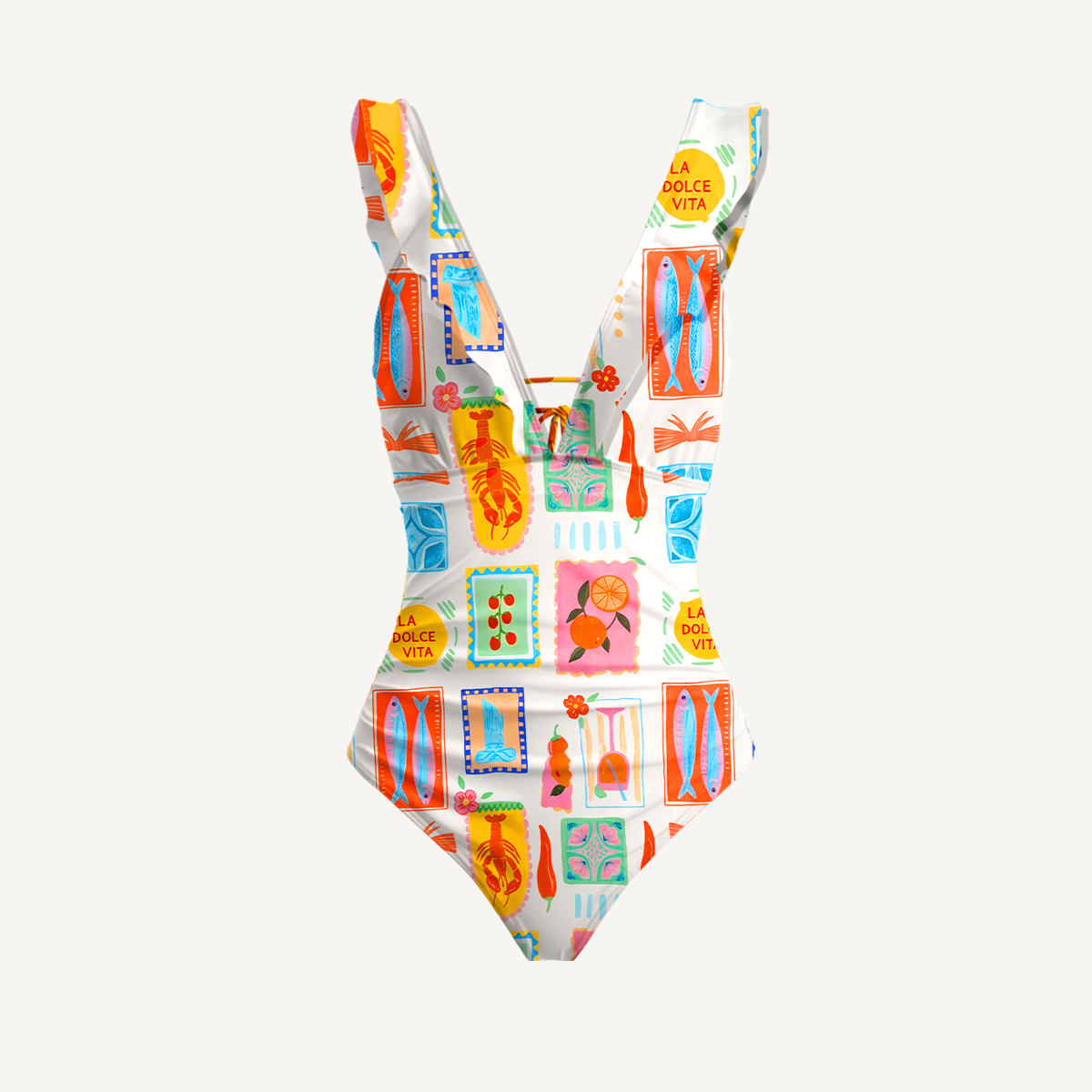 Tropical Stamp Print Ruffled V Neck One Piece Swimsuit and Matching Midi Skirt Set