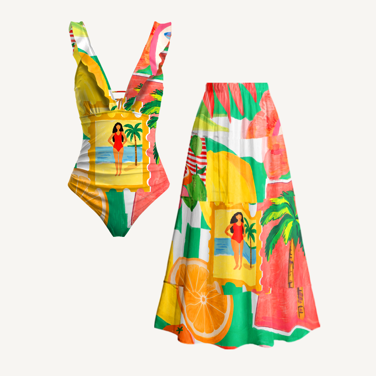 Tropical Floral & Palm Ruffled V Neck One Piece Swimsuit and Matching Midi Skirt Set