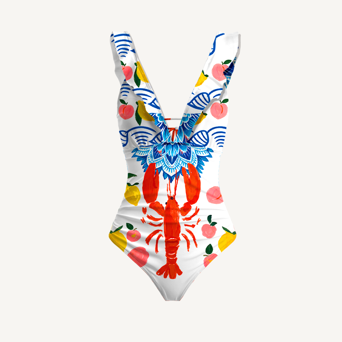 Lobster & Lemon Ruffled V Neck One Piece Swimsuit and Matching Midi Skirt Set