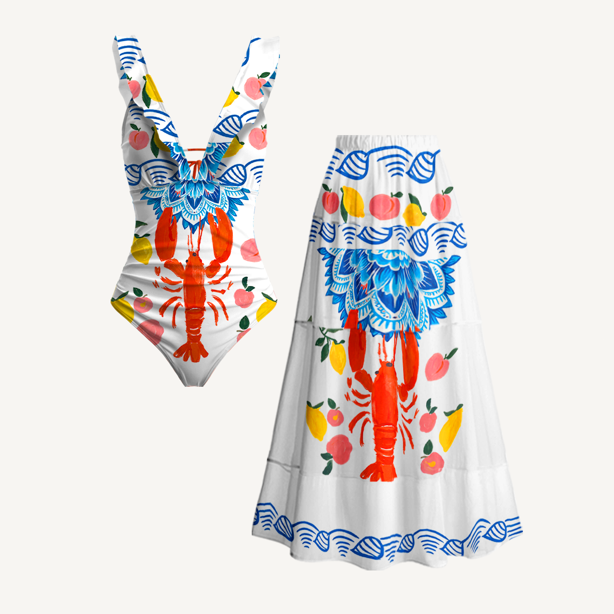 Lobster & Lemon Ruffled V Neck One Piece Swimsuit and Matching Midi Skirt Set